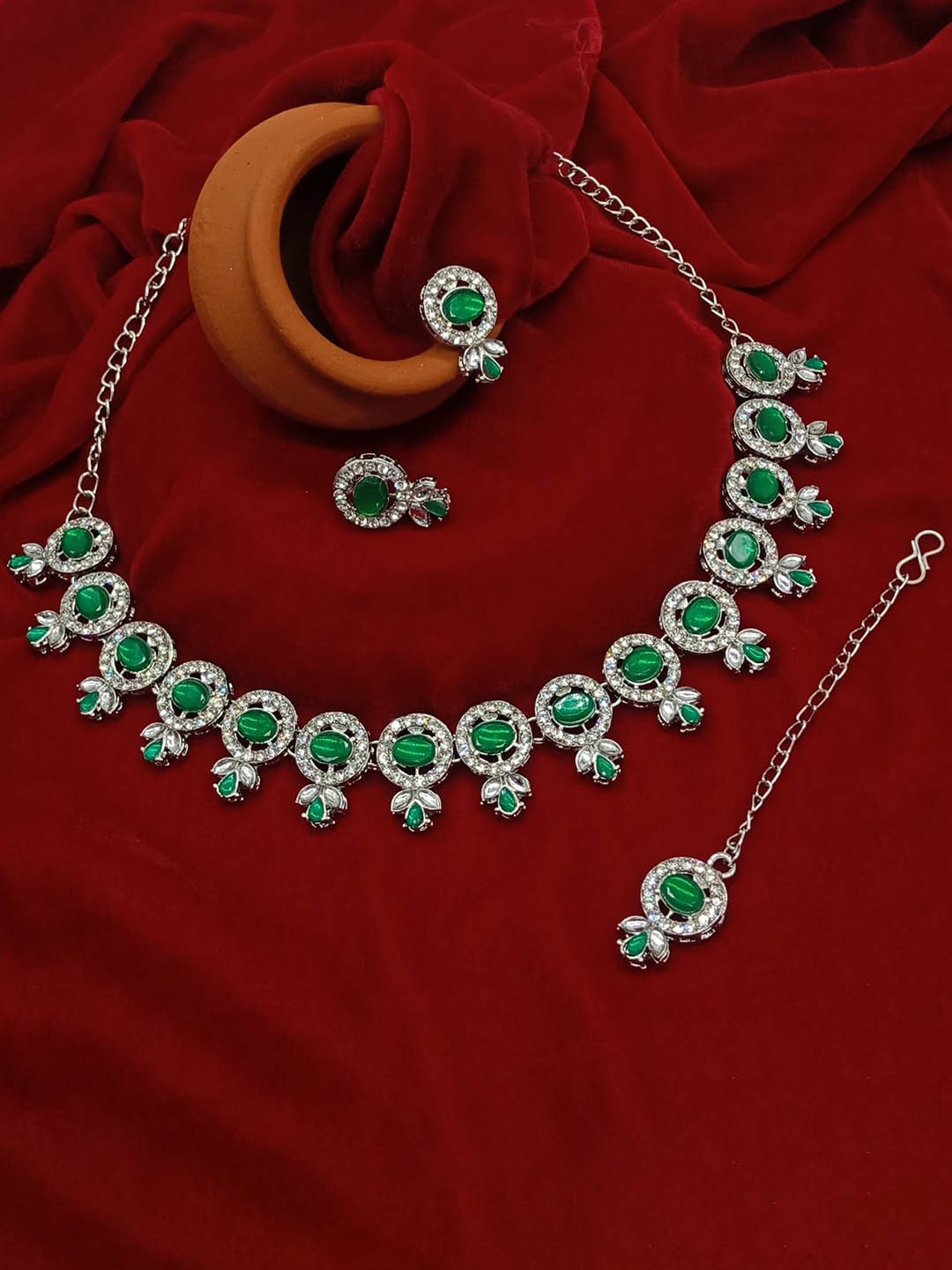 

AASHISH IMITATION Rhodium Plated Stone Studded Jewellery Set, Silver