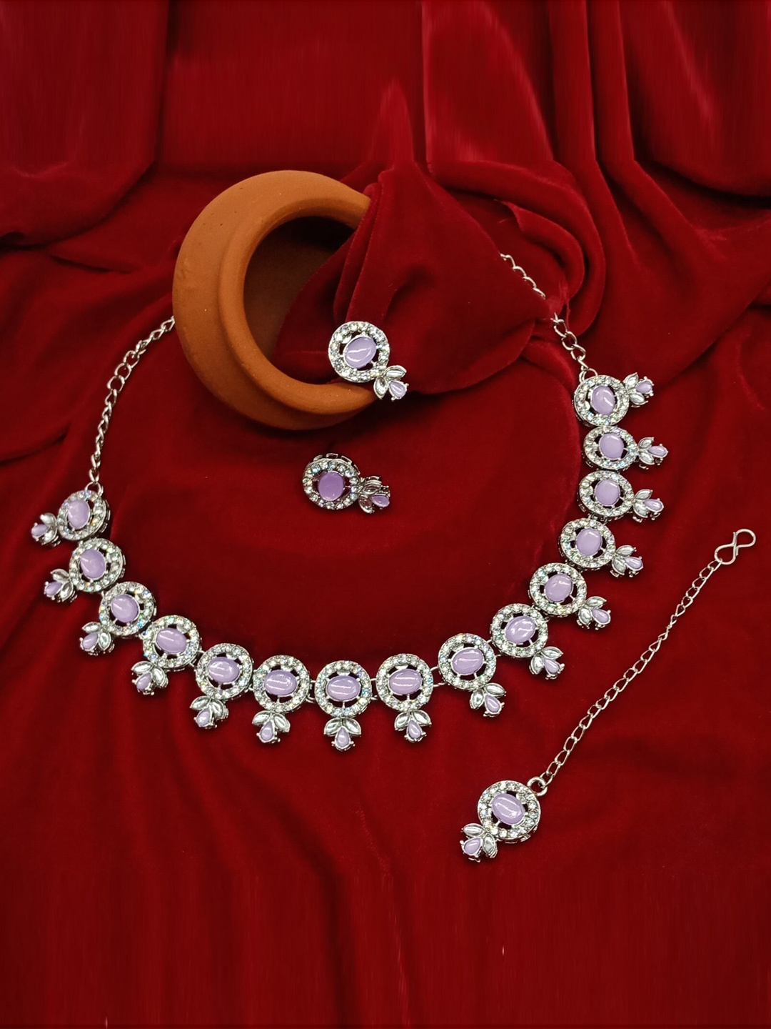 

AASHISH IMITATION Rhodium Plated Stone Studded Jewellery Set, Silver