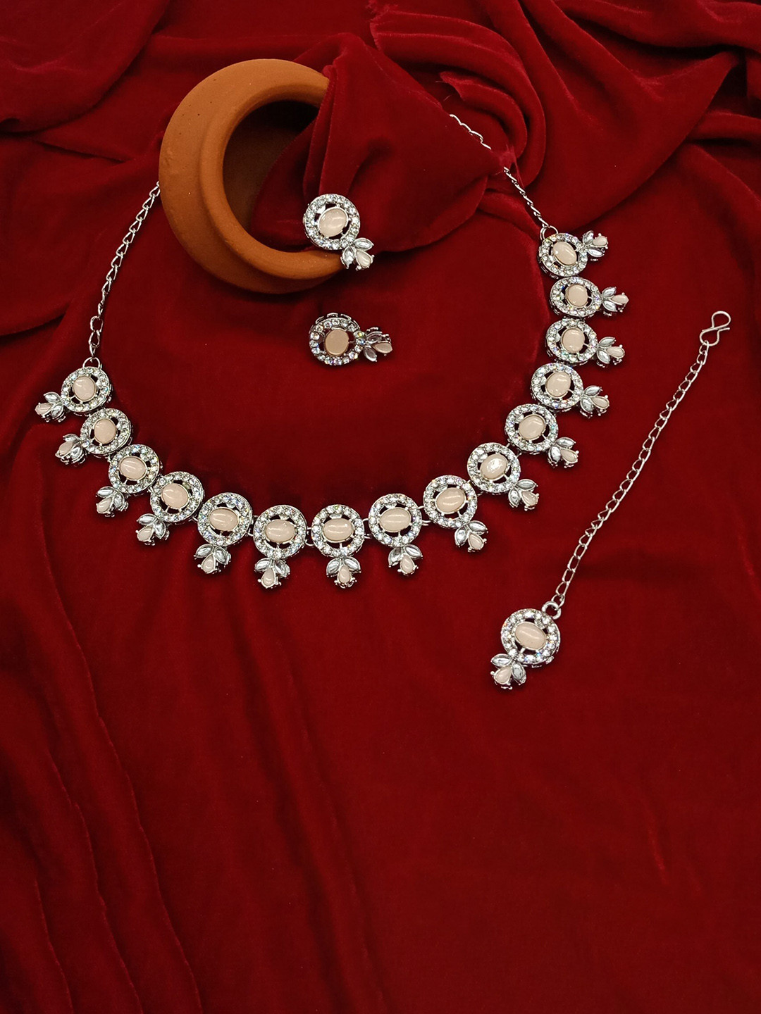 

AASHISH IMITATION Rhodium Plated Stone Studded Jewellery Set, Silver