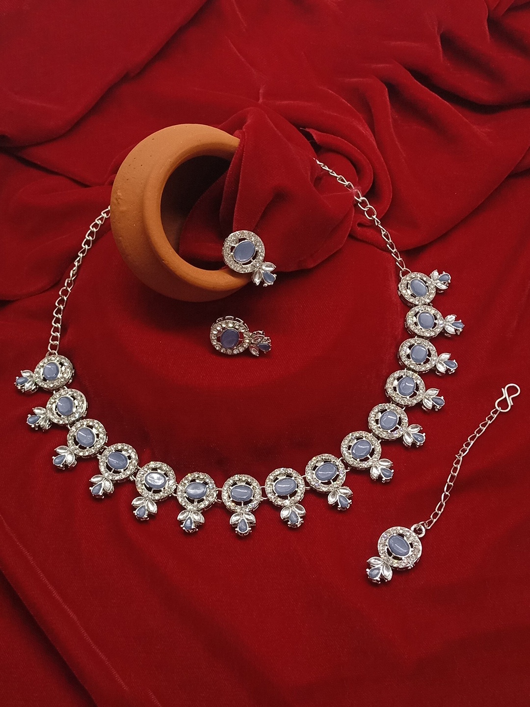

AASHISH IMITATION Rhodium Plated Stone Studded Jewellery Set, Silver