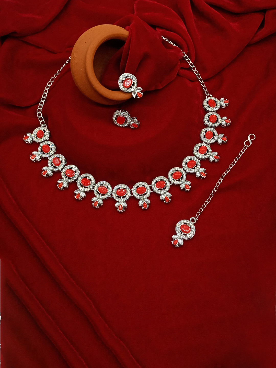 

AASHISH IMITATION Rhodium Plated Stone Studded Jewellery Set, Silver