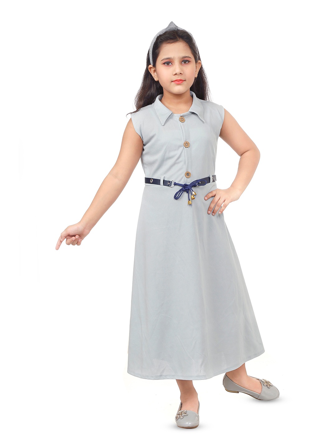

BAESD Girls Shirt Collar Sleeveless Maxi Dress With Belt, Grey