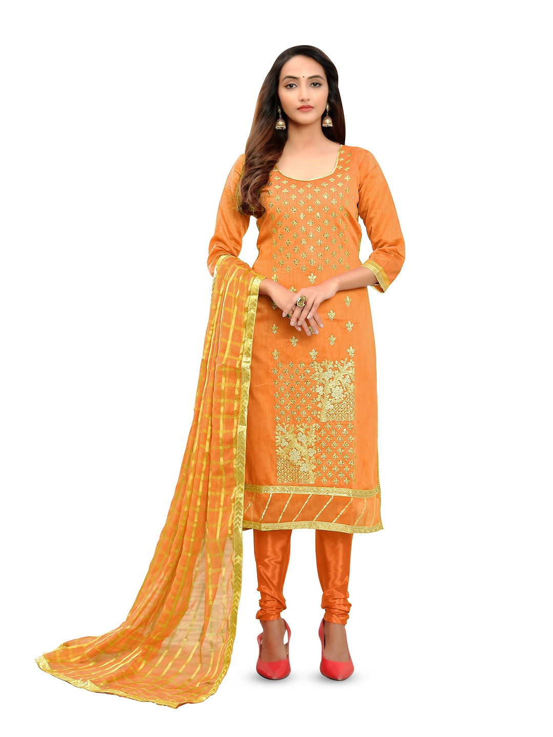 

MANVAA Floral Embellished Unstitched Dress Material, Orange