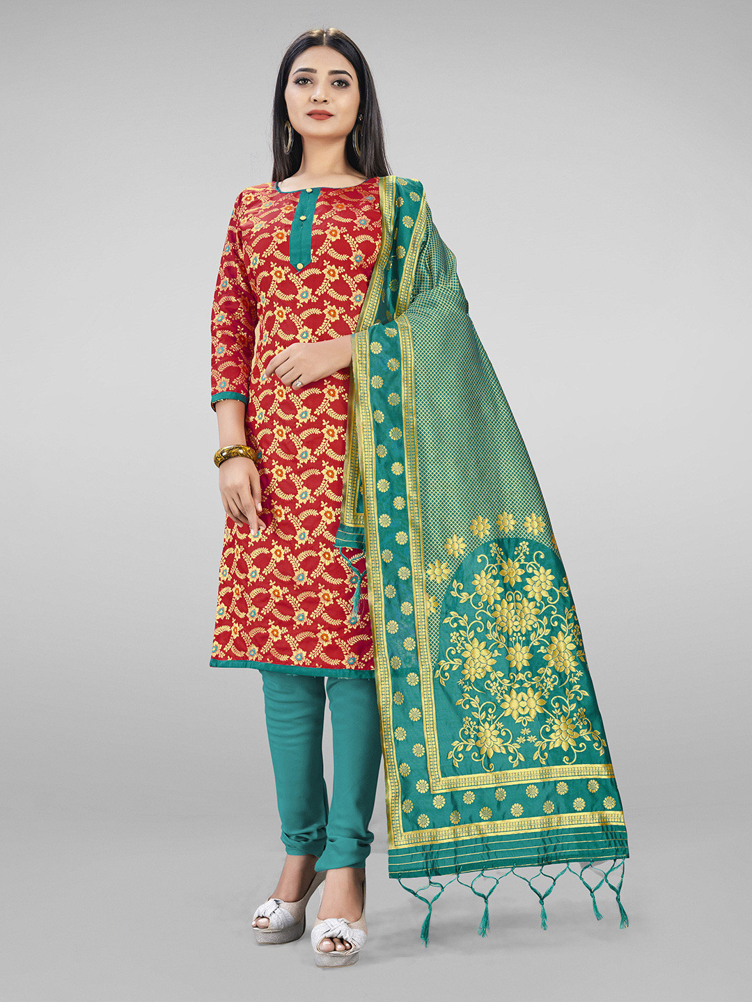 

MANVAA Floral Woven Design Zari Unstitched Dress Material, Red