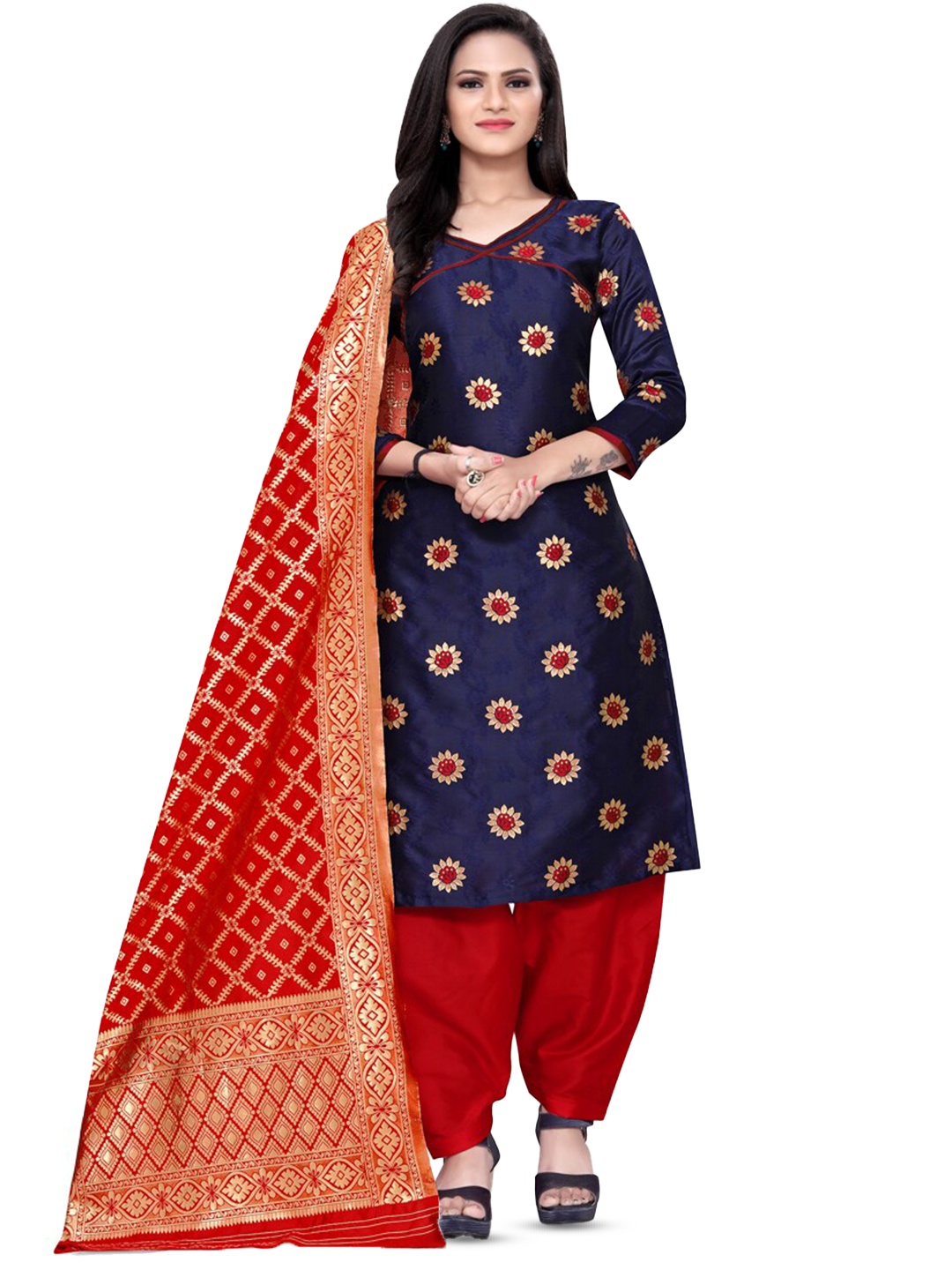 

MANVAA Floral Woven Design Unstitched Banarasi Silk Dress Material, Blue