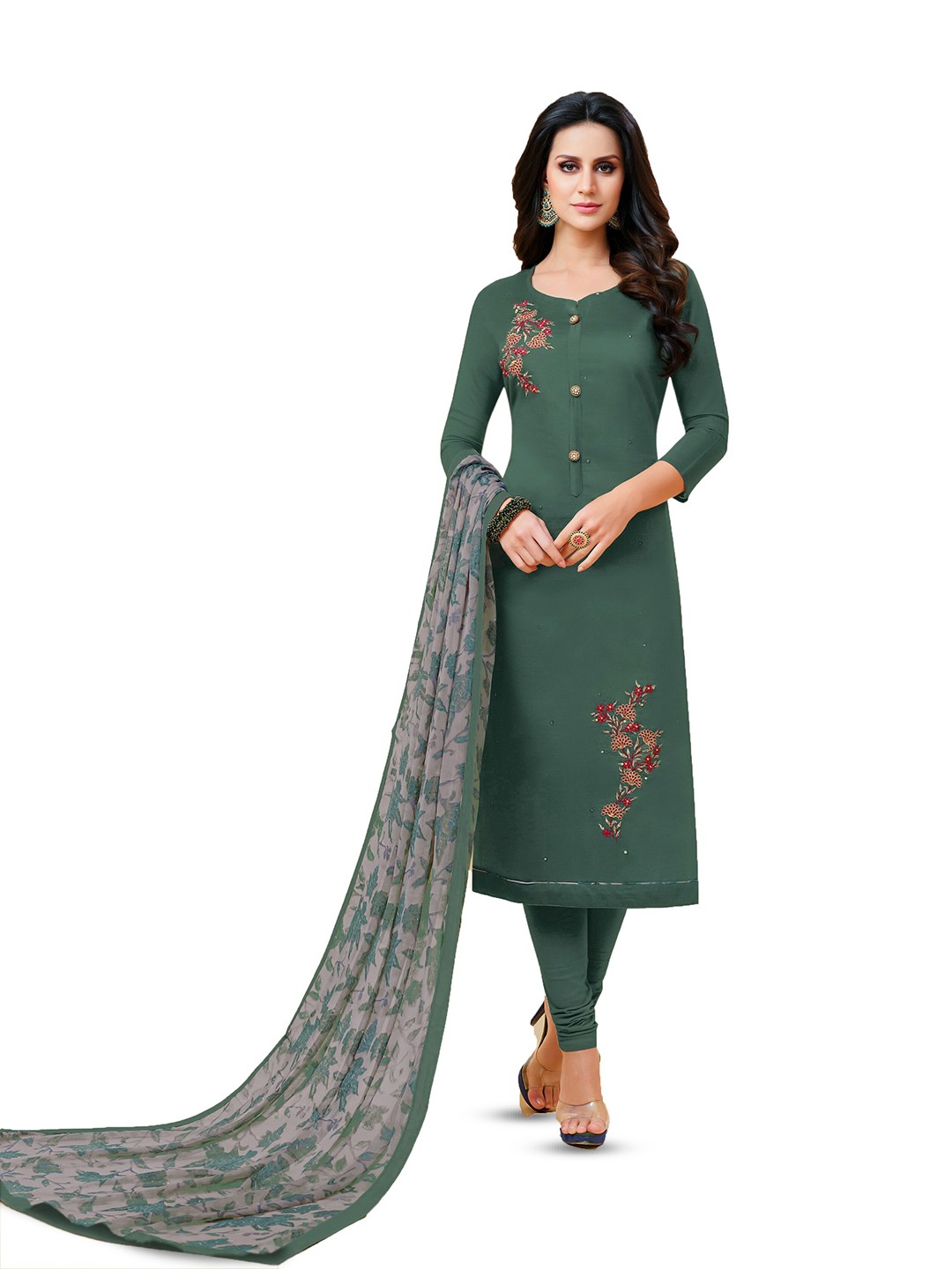 

MANVAA Floral Embroidered Unstitched Dress Material, Green