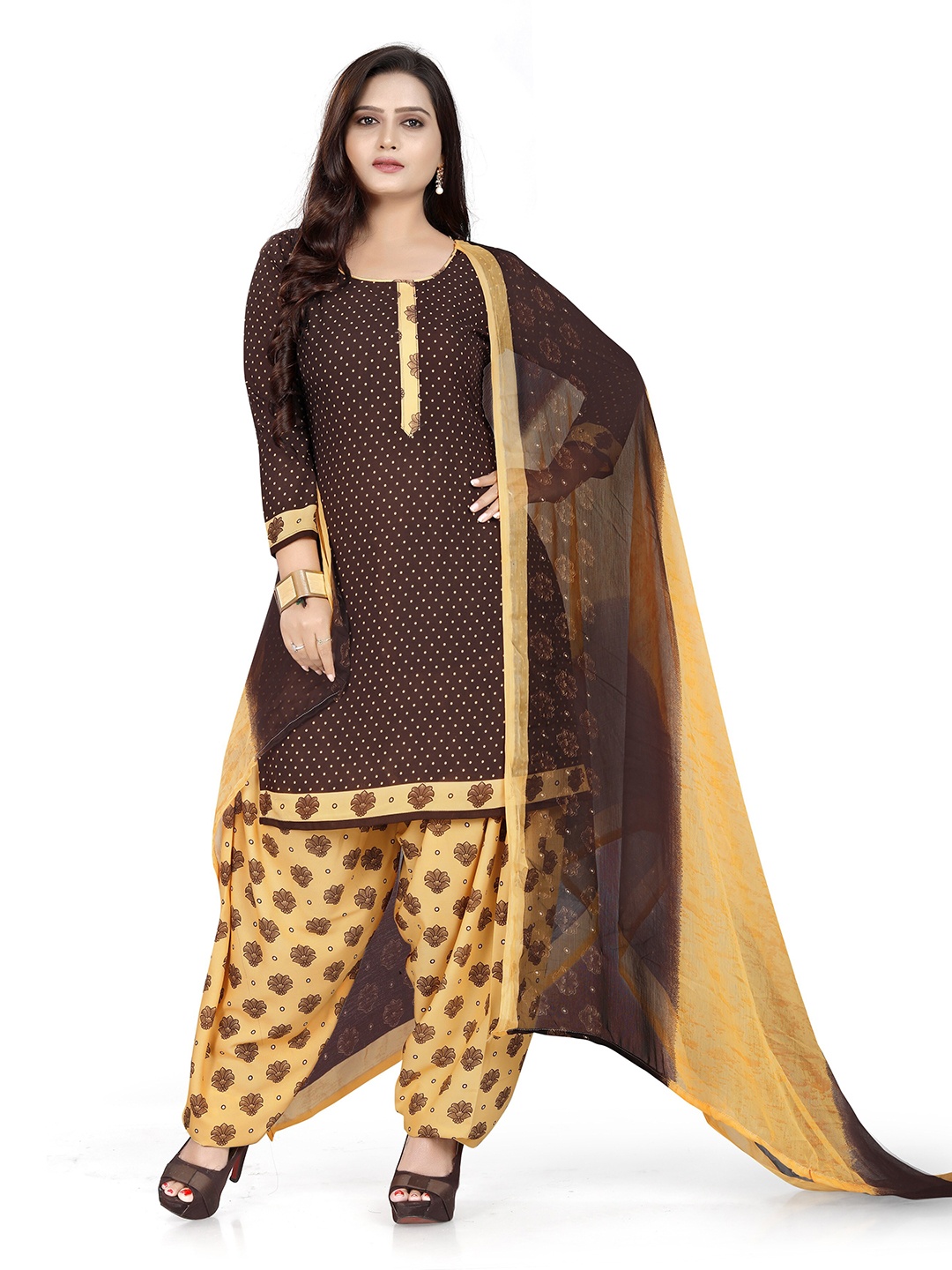 

MANVAA Polka Dots Printed Silk Crepe Unstitched Dress Material, Brown