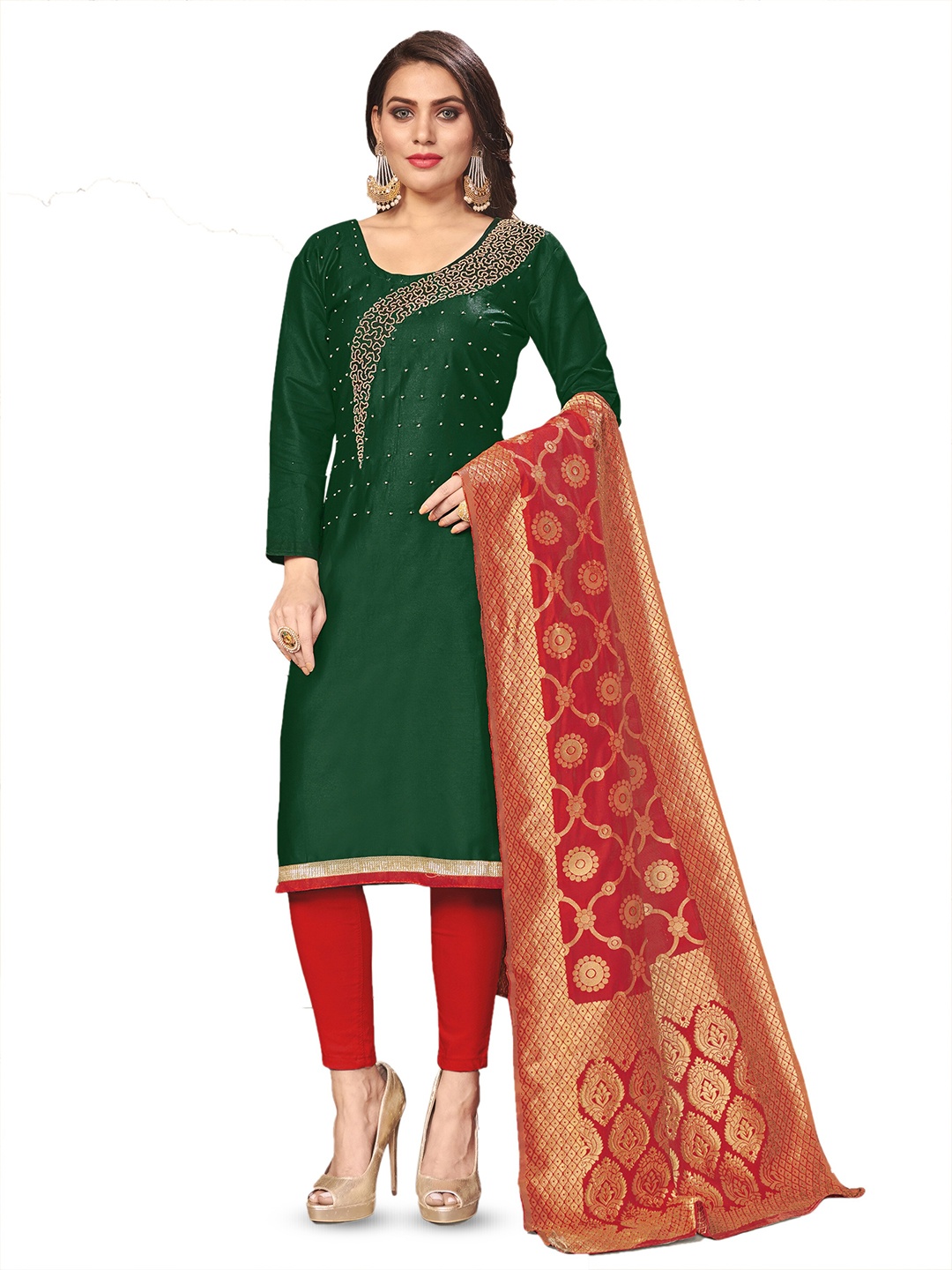 

MANVAA Green Embellished Unstitched Dress Material