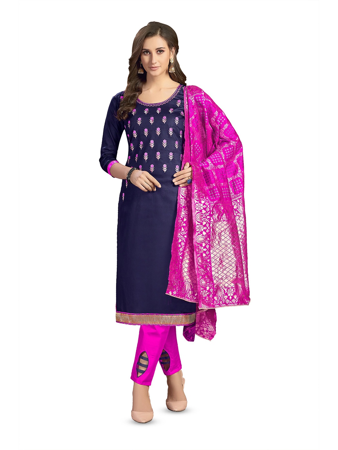 

MANVAA Floral Embroidered Unstitched Dress Material, Blue