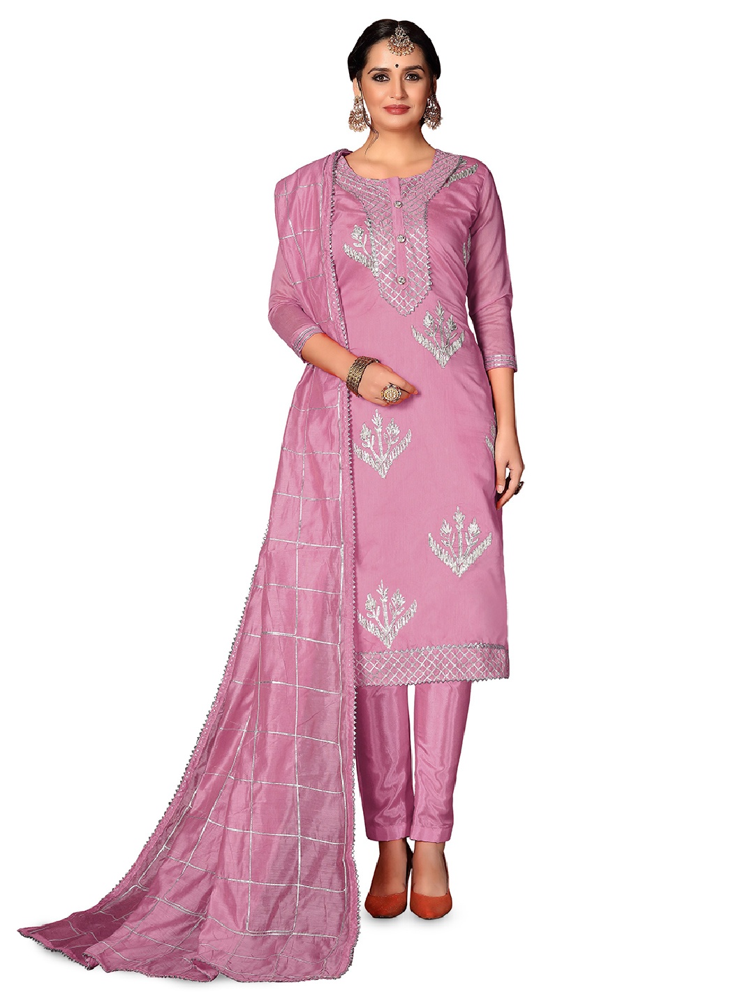 

MANVAA Embellished Gotta Patti Unstitched Dress Material, Pink