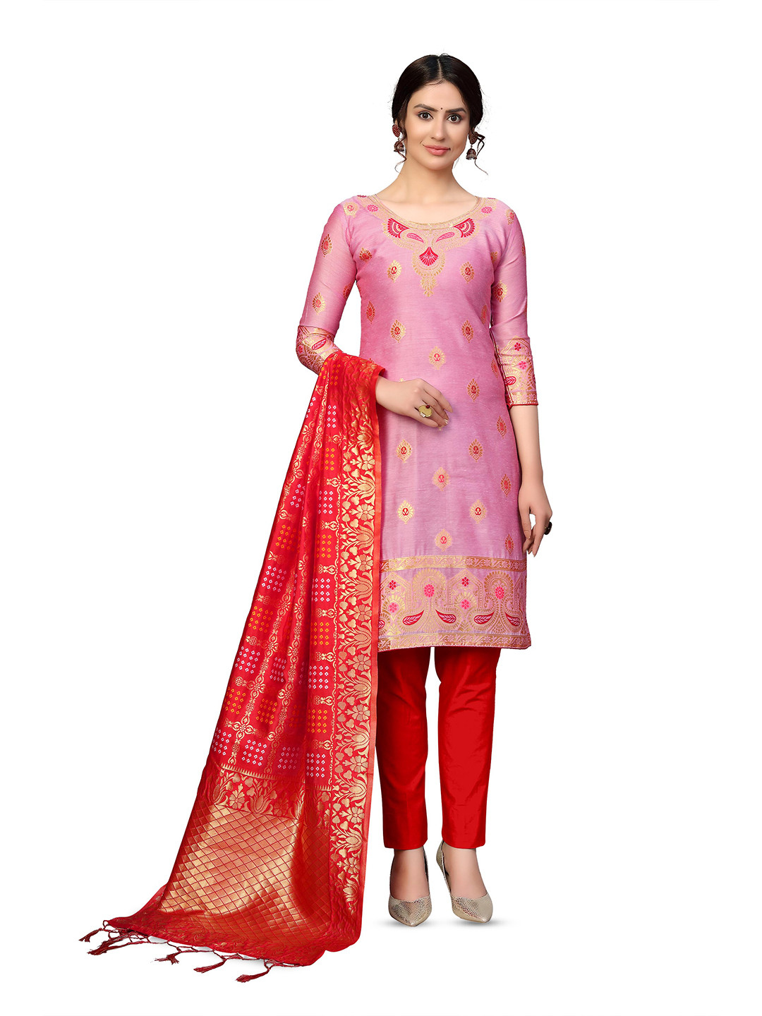 

MANVAA Ethnic Motifs Woven Designed Banarasi Jacquard Unstitched Dress Material, Pink