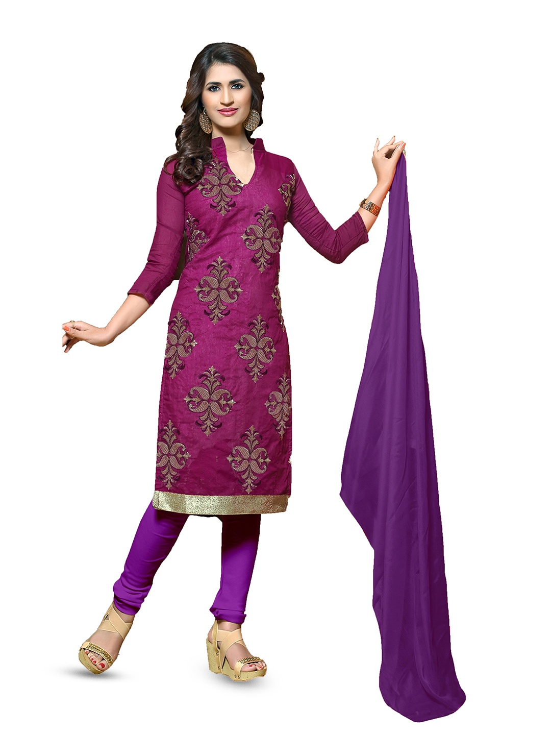 

MANVAA Ethnic Motifs Embroidered Thread Work Modal Cotton Unstitched Dress Material, Purple