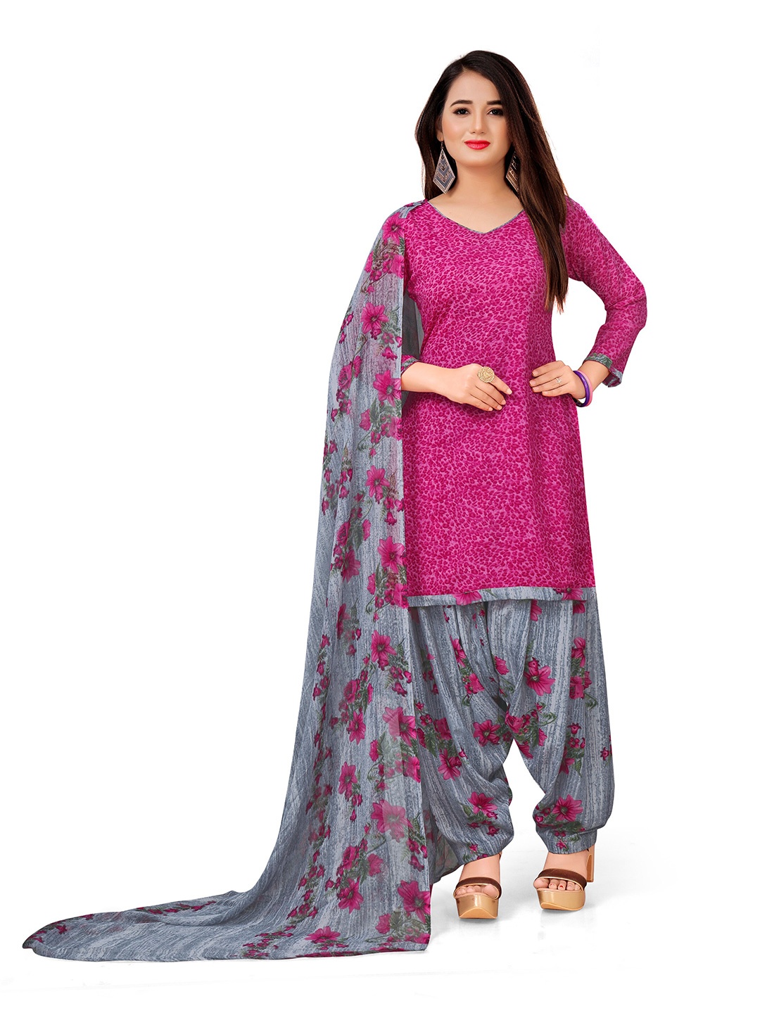 

MANVAA Floral Printed Unstitched Dress Material, Pink