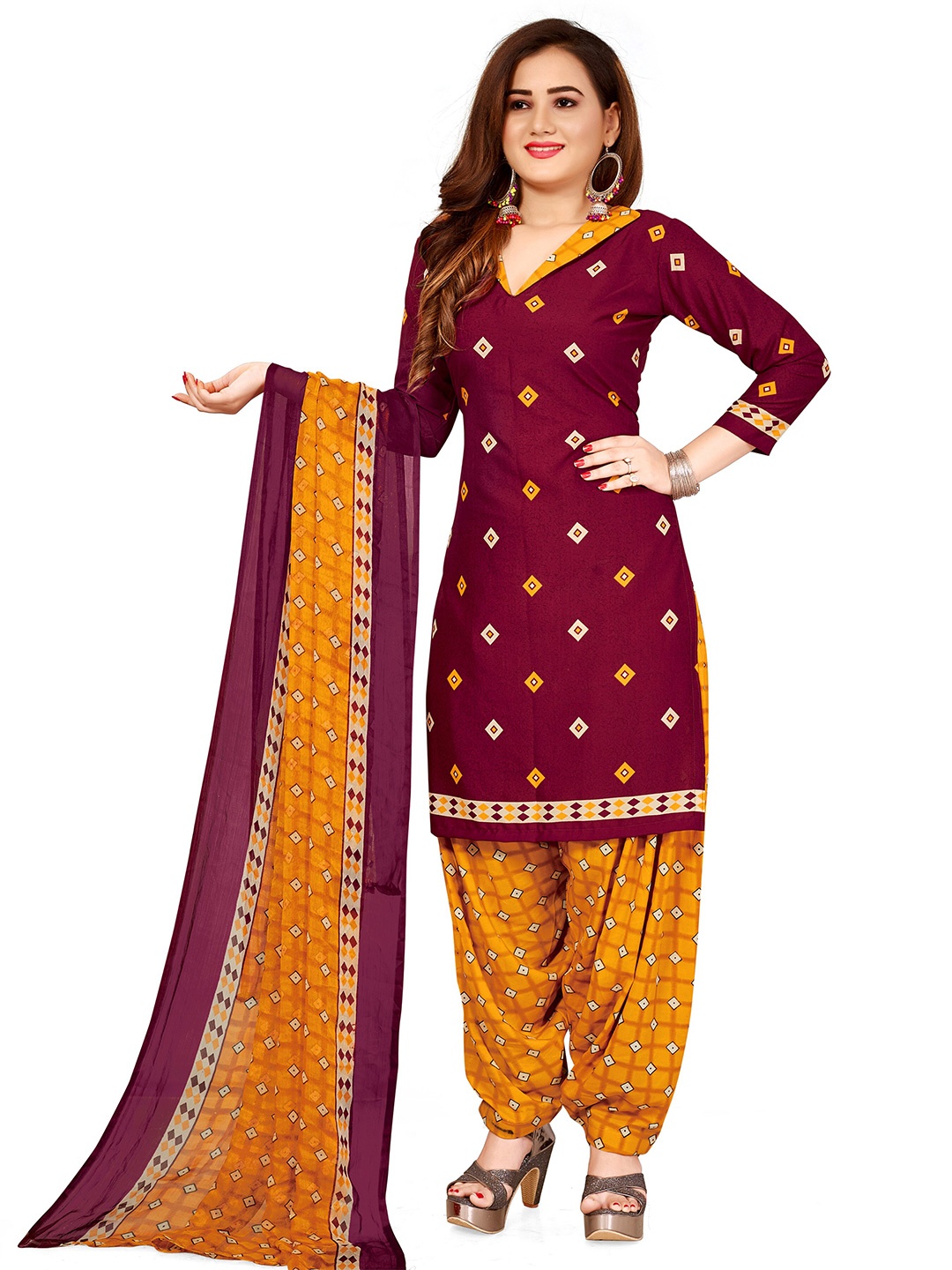 

MANVAA Geometric Printed Silk Crepe Unstitched Dress Material, Maroon