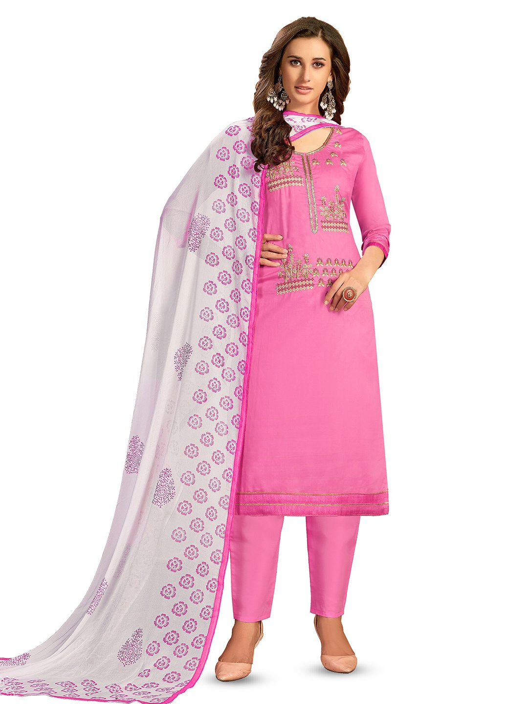 

MANVAA Ethnic Motifs Embellished Unstitched Dress Material, Pink