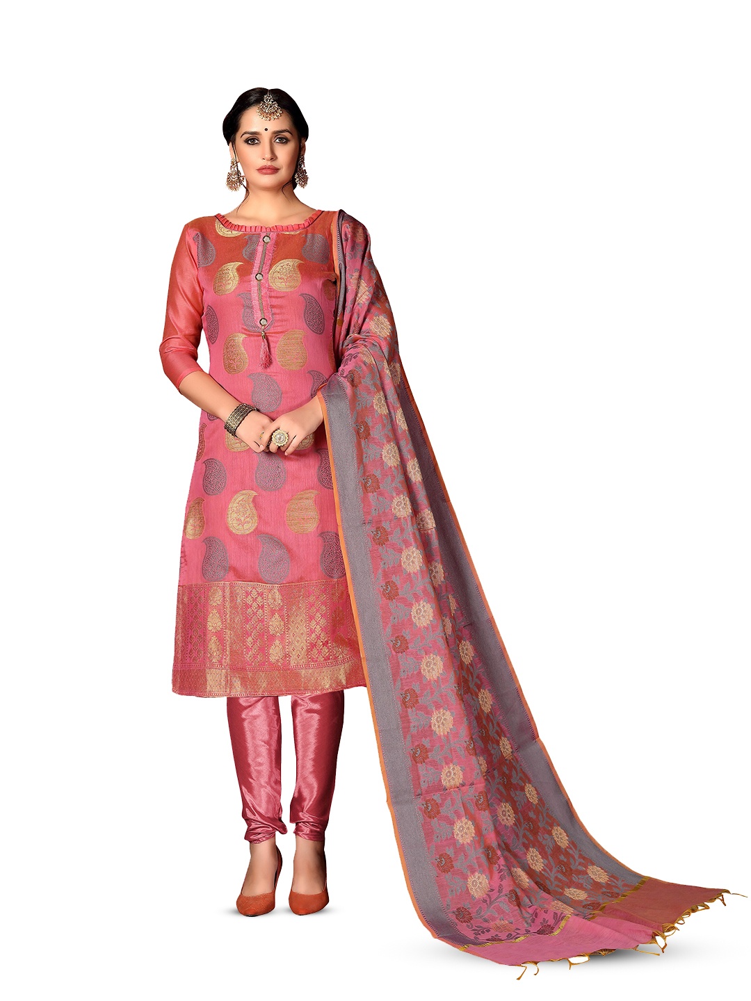 

MANVAA Paisley Woven Design Zari Unstitched Dress Material, Pink