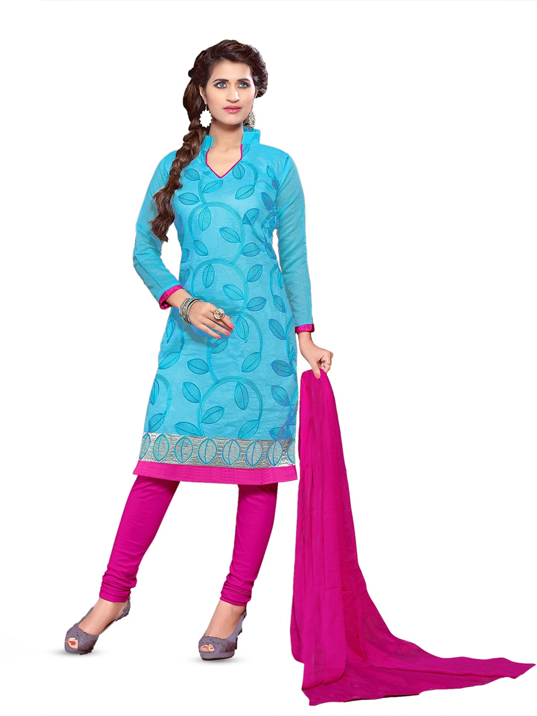 

MANVAA Floral Embroidered Unstitched Dress Material, Blue