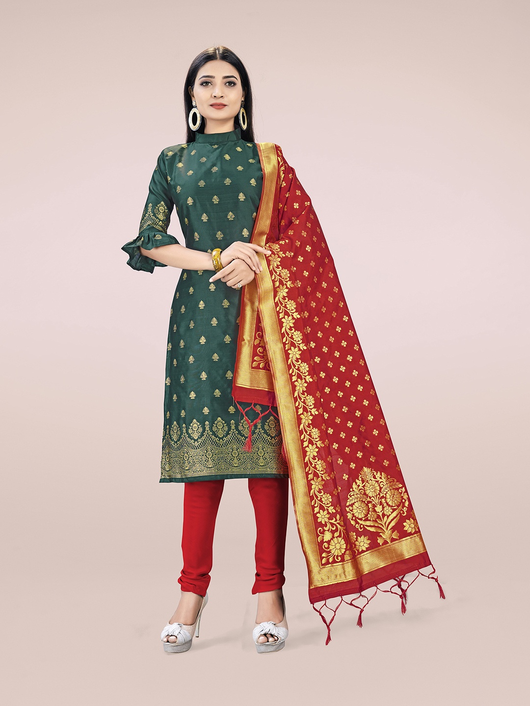 

MANVAA Ethnic Motifs Woven Design Zari Unstitched Dress Material, Green
