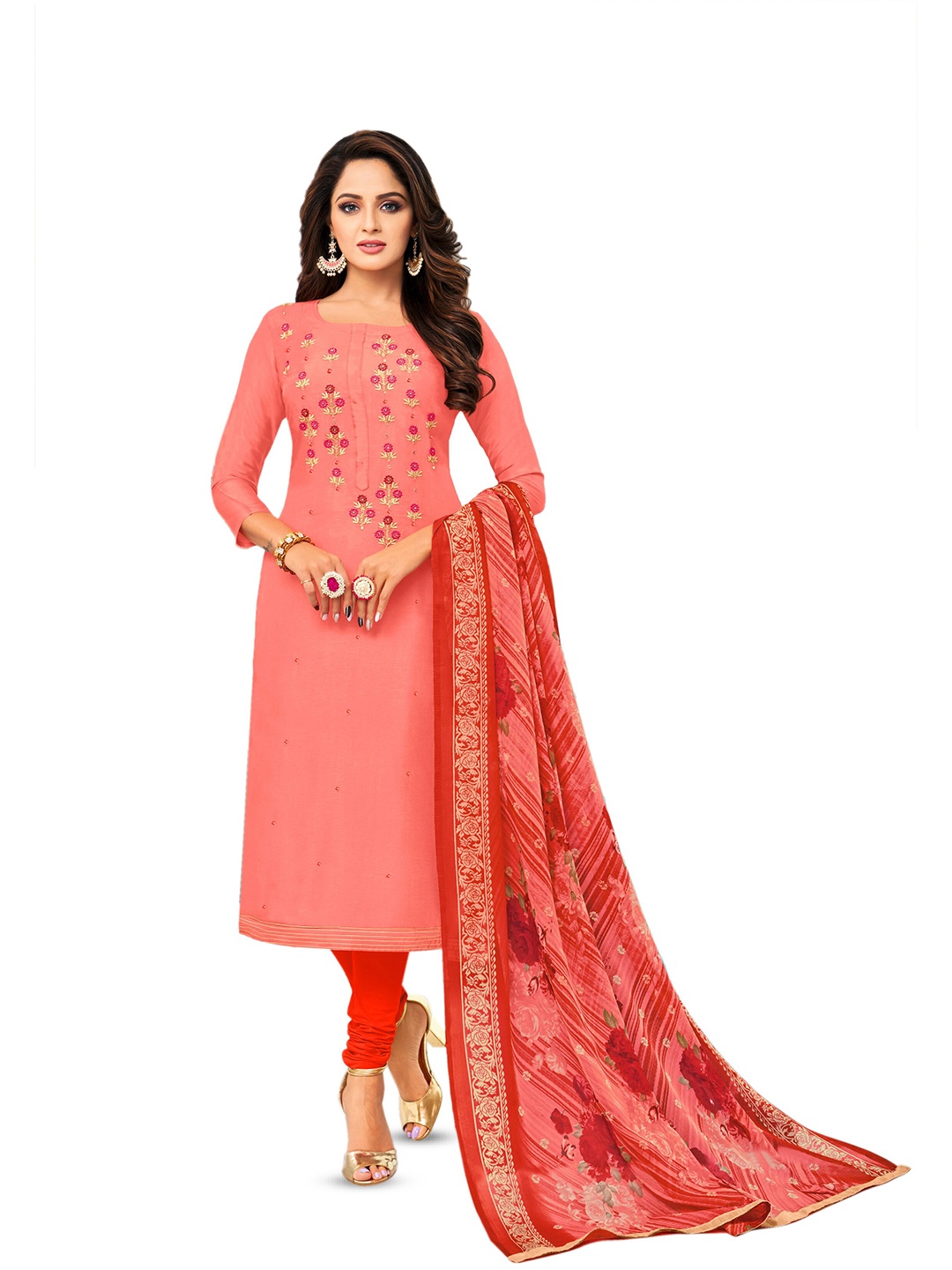

MANVAA Floral Embroidered Unstitched Dress Material, Peach