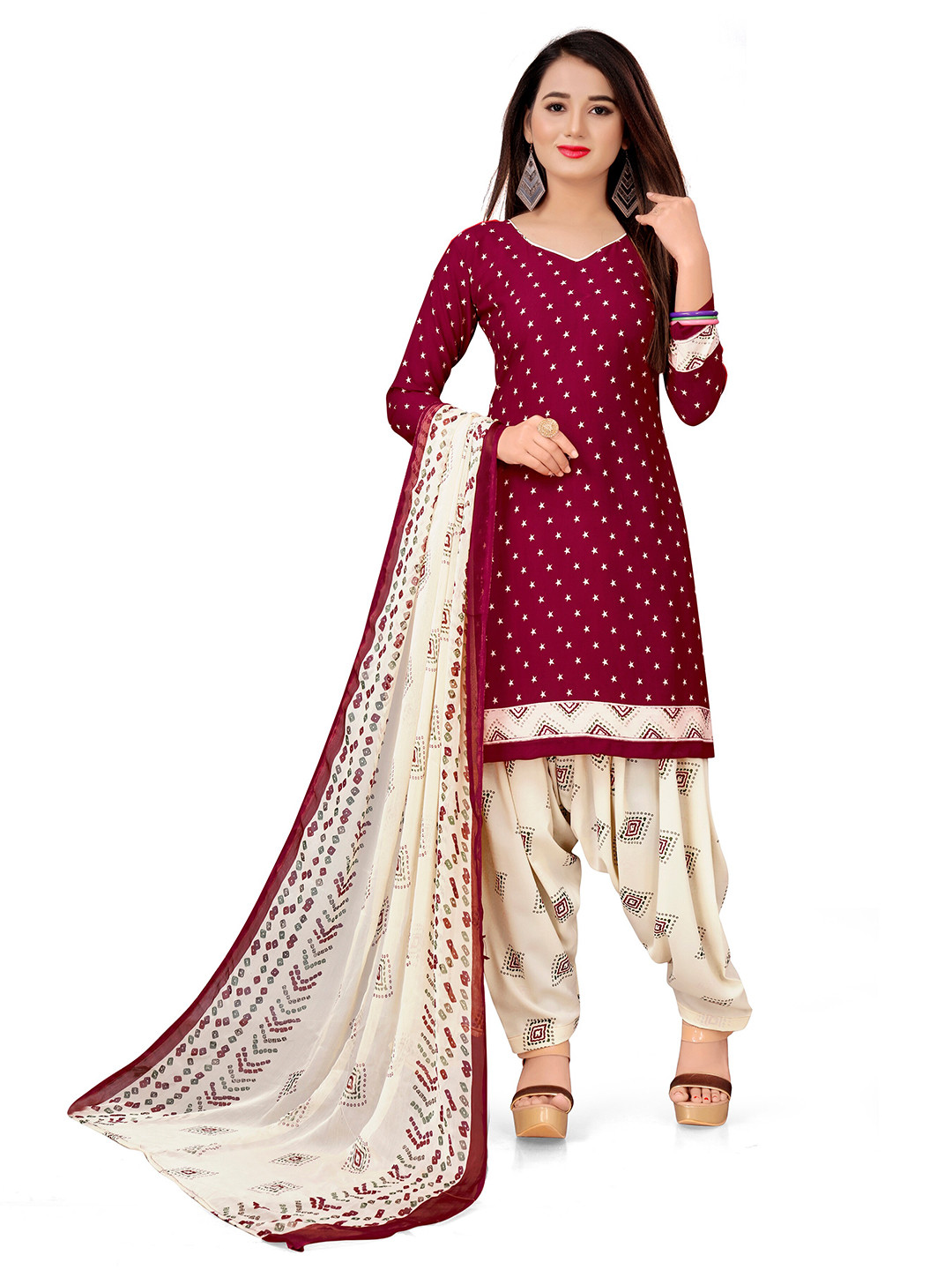 

MANVAA Geometric Printed Unstitched Dress Material, Maroon