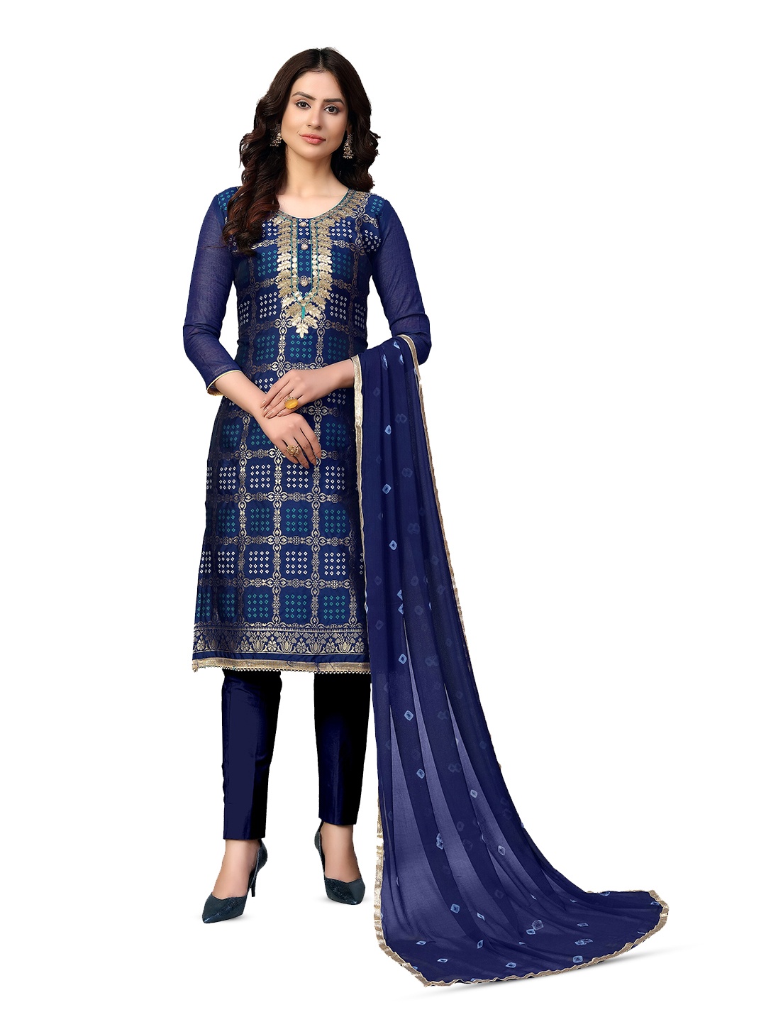 

MANVAA Ethnic Motifs Woven Design Unstitched Dress Material, Blue