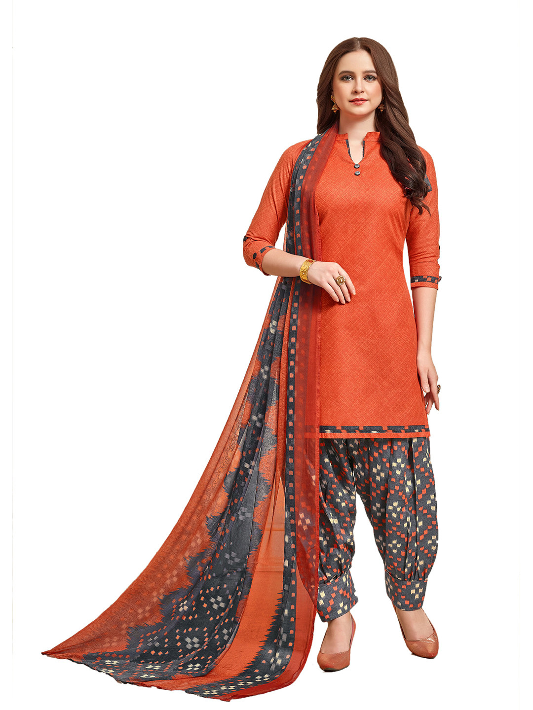 

MANVAA Pure Cotton Unstitched Dress Material, Orange