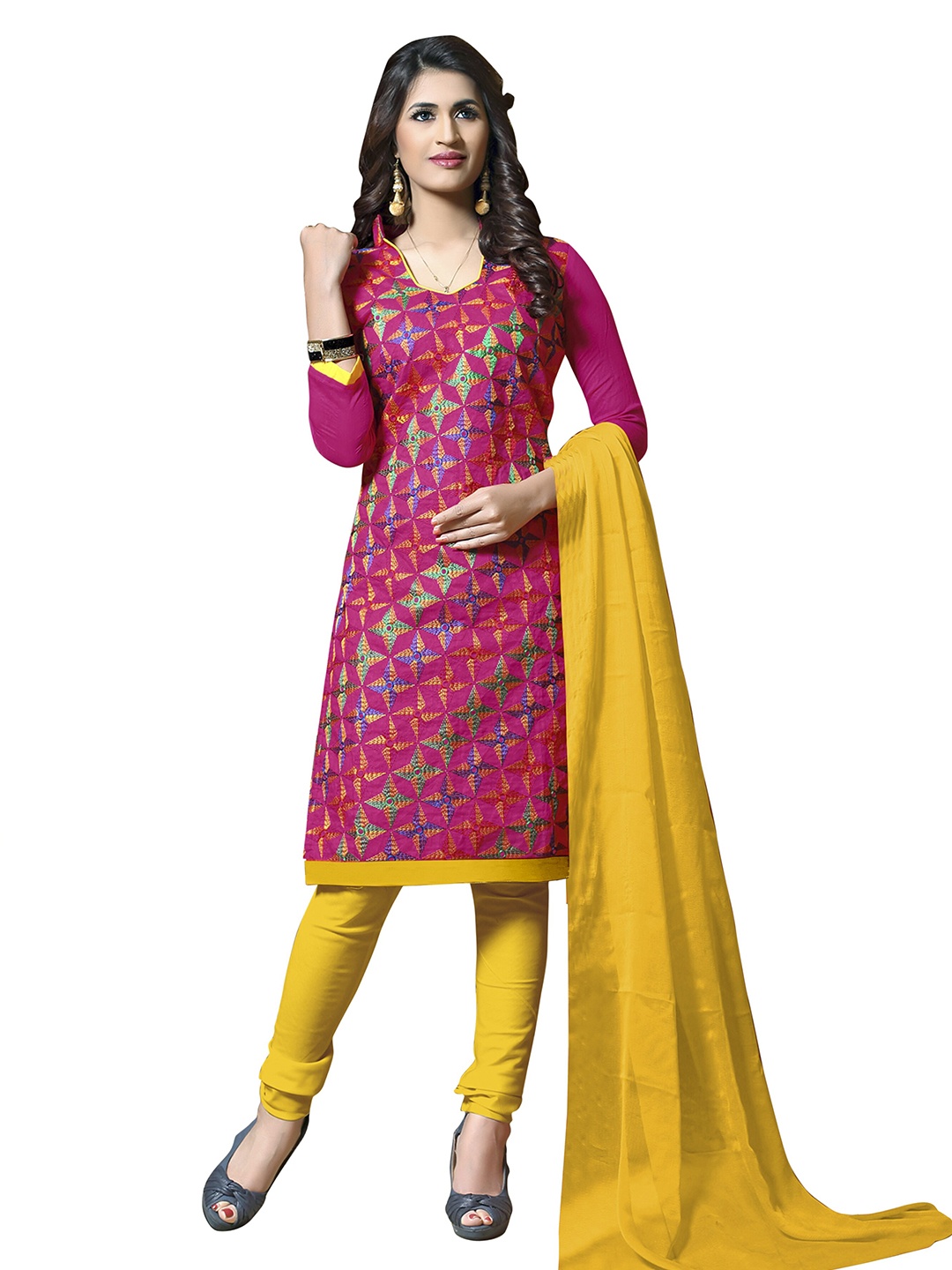 

MANVAA Ethnic Motifs Embroidered Unstitched Dress Material, Pink