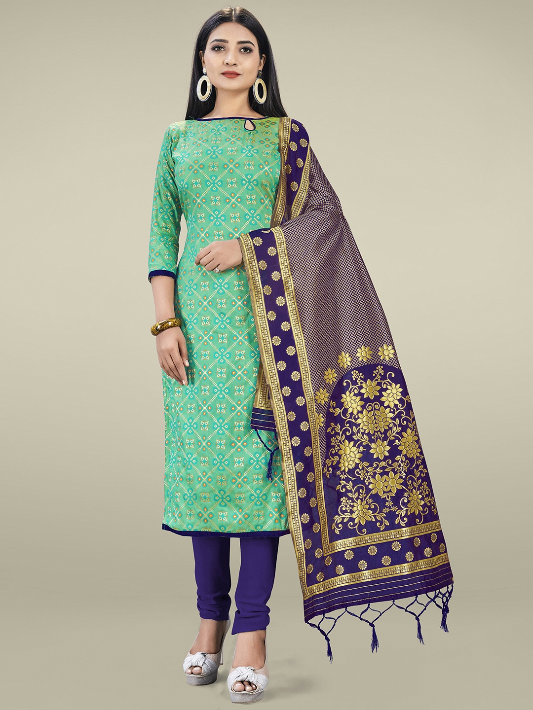 

MANVAA Ethnic Motifs Woven Design Zari Unstitched Dress Material, Green