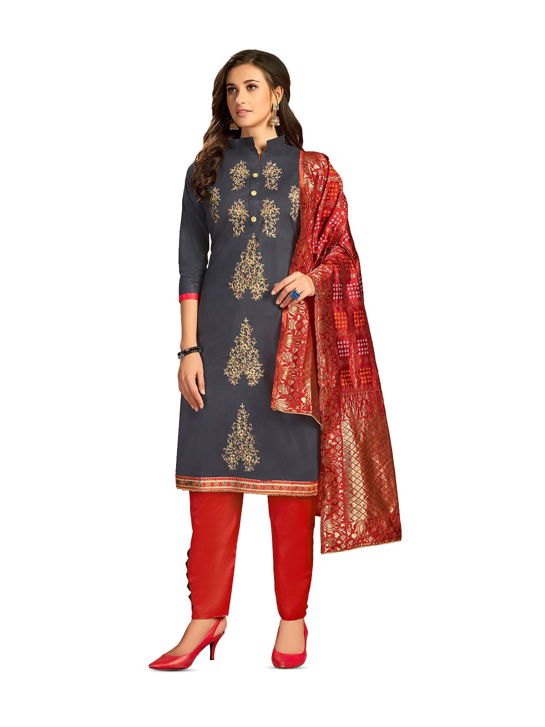 

MANVAA Floral Embellished Unstitched Dress Material, Grey