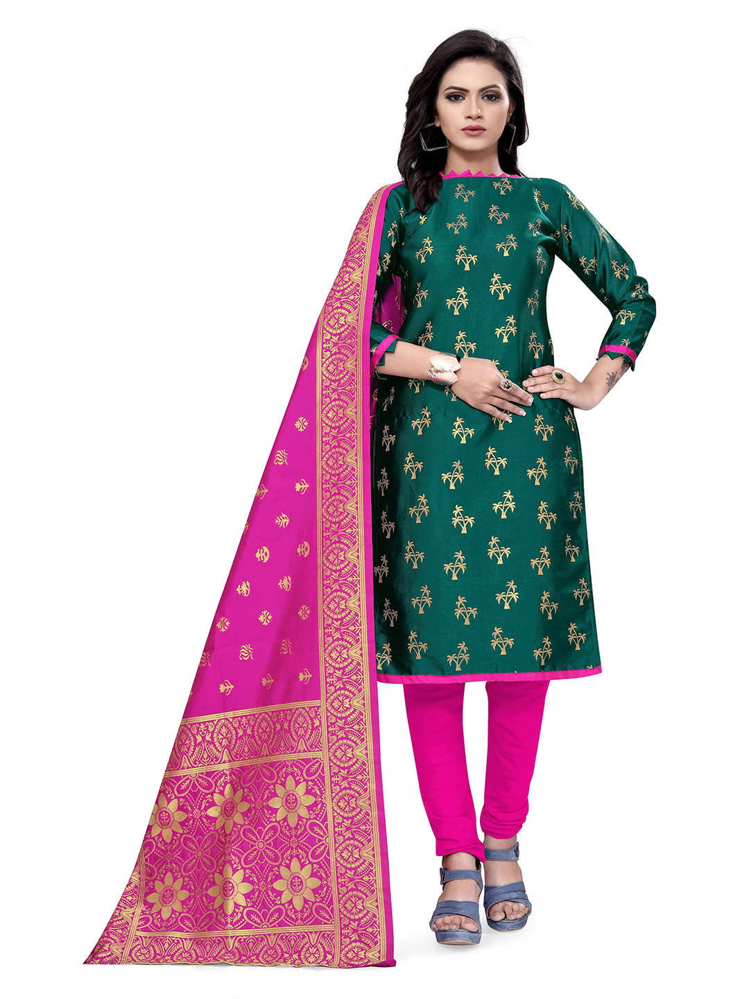 

MANVAA Ethnic Motifs Woven Design Unstitched Dress Material, Green