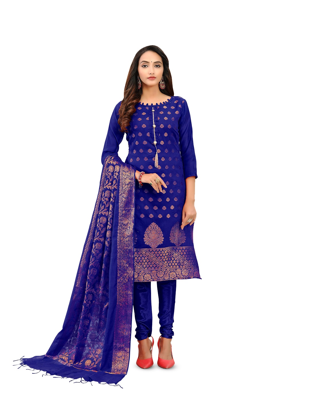 

MANVAA Floral Woven Design Banarasi Jacquard Unstitched Dress Material, Blue