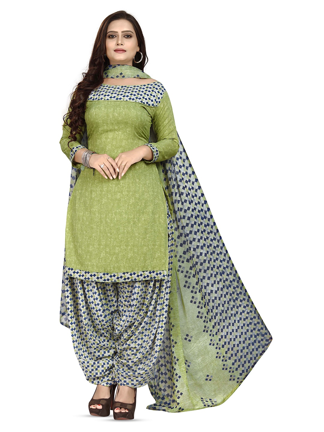 

MANVAA Geometric Printed Unstitched Dress Material, Green