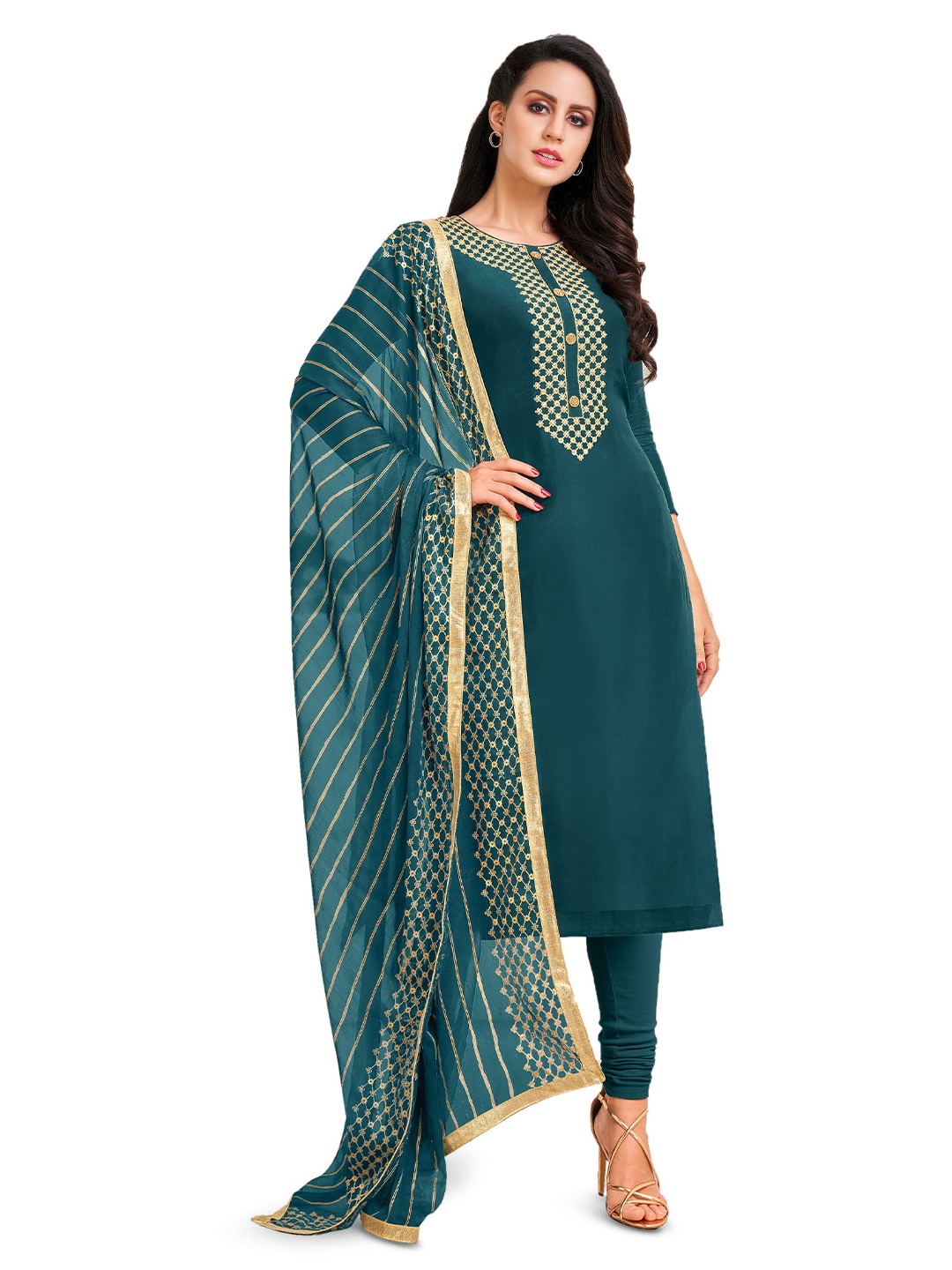 

MANVAA Floral Embroidered Unstitched Dress Material, Green