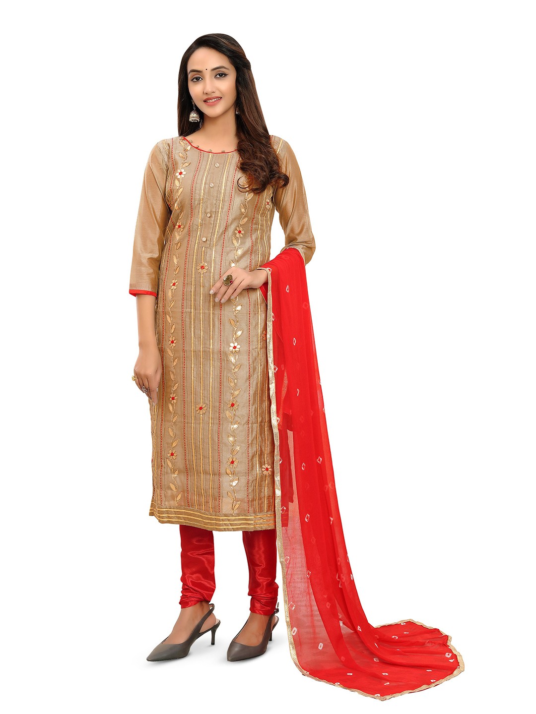 

MANVAA Floral Embellished Unstitched Dress Material, Beige