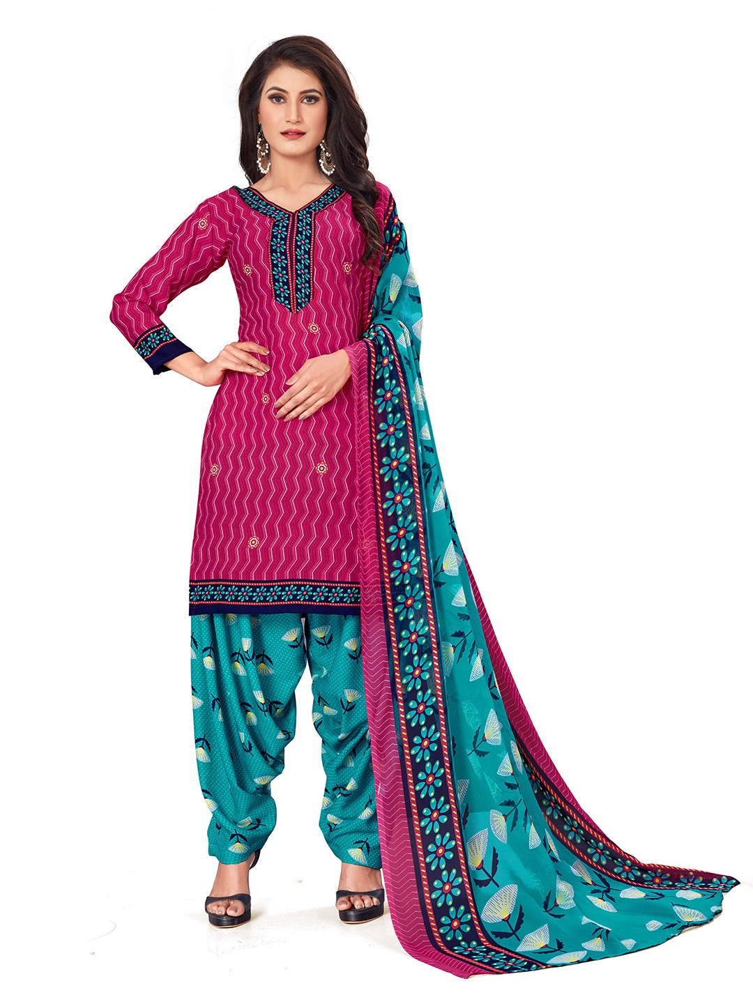 

MANVAA Geometric Printed Unstitched Dress Material, Pink