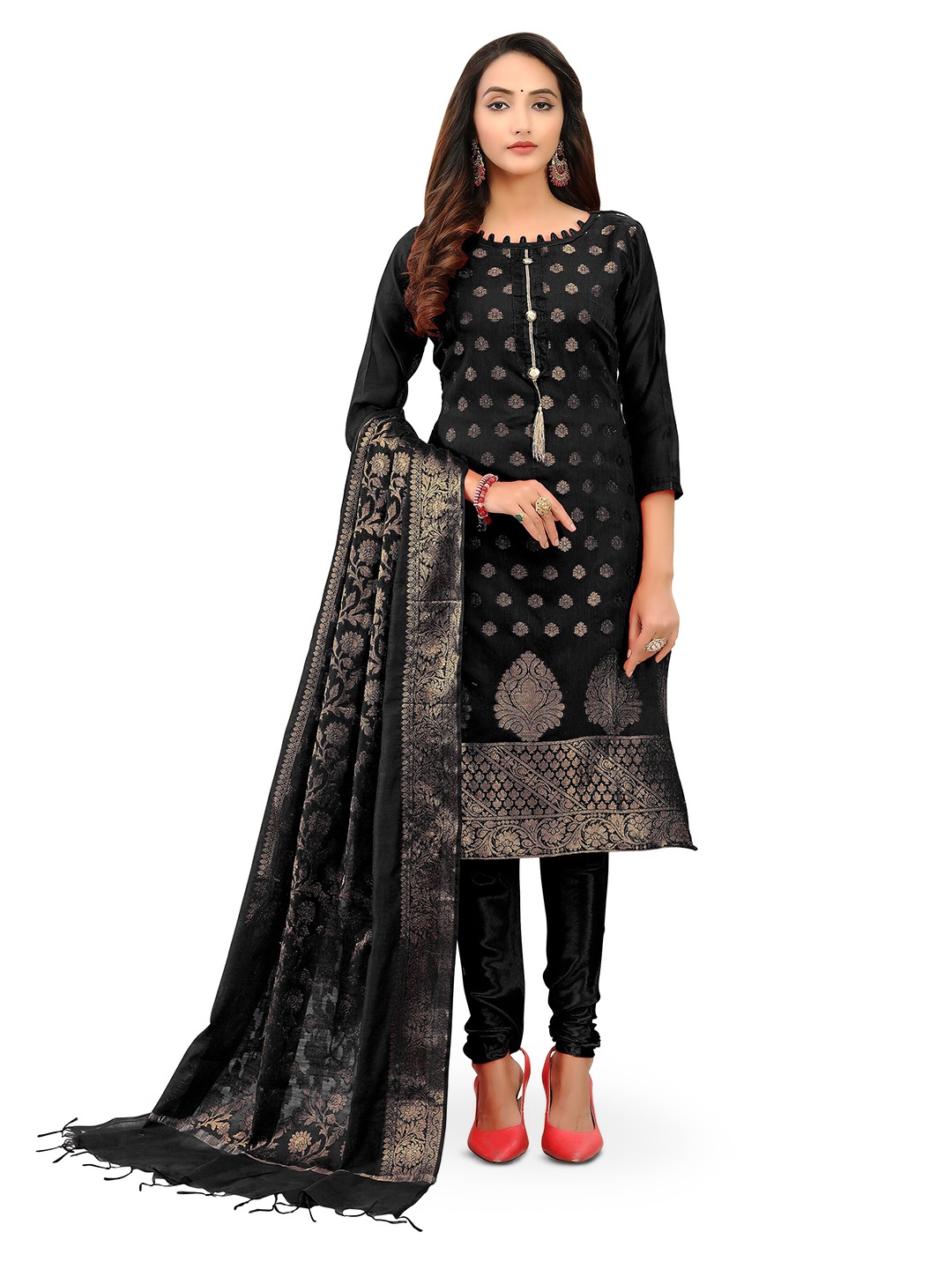 

MANVAA Ethnic Motifs Woven Design Unstitched Dress Material, Black