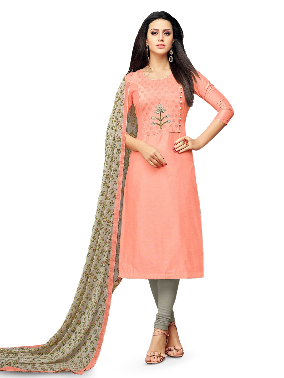 

MANVAA Floral Embroidered Unstitched Dress Material, Peach
