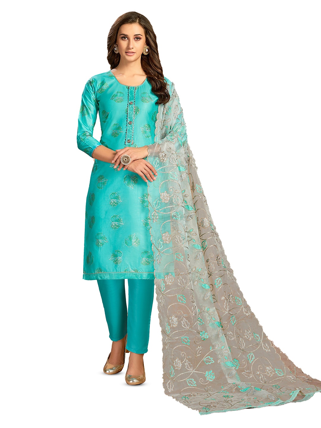

MANVAA Floral Embellished Beads and Stones Unstitched Dress Material, Blue