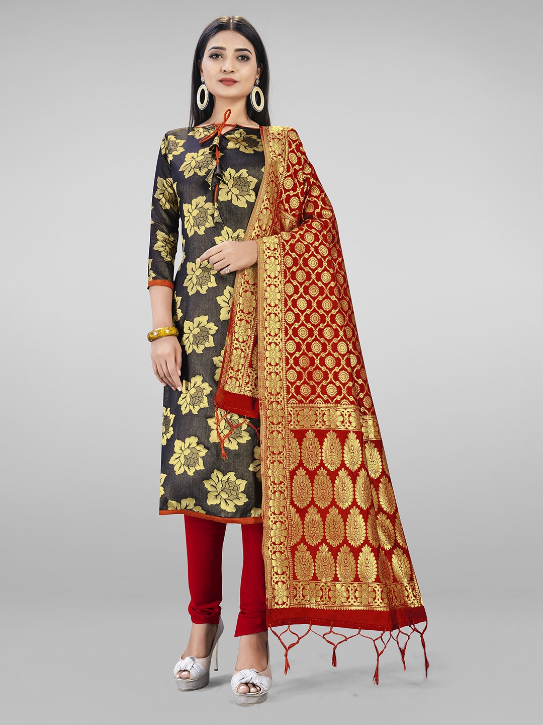 

MANVAA Floral Woven Design Unstitched Dress Material, Black