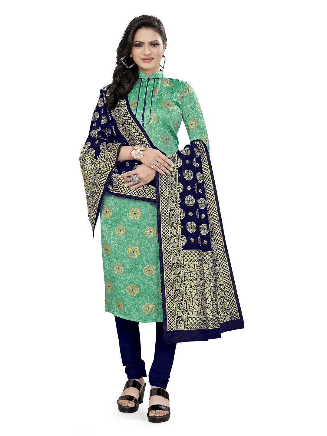 

MANVAA Ethnic Motifs Woven Design Unstitched Dress Material, Sea green