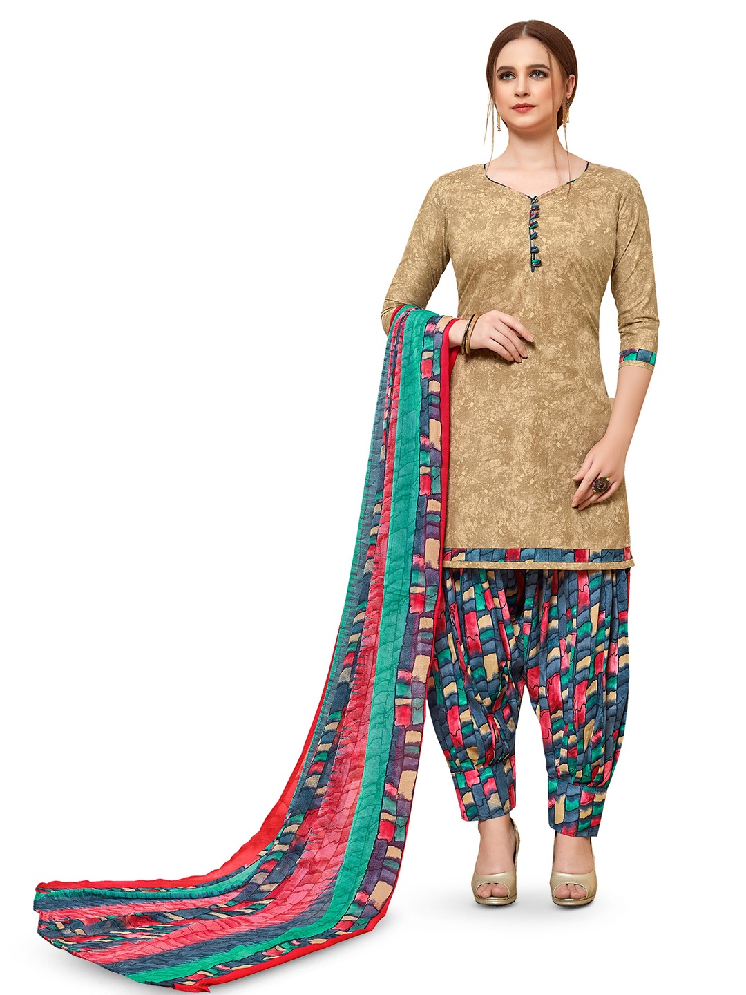 

MANVAA Abstract Printed Pure Cotton Unstitched Dress Material, Beige