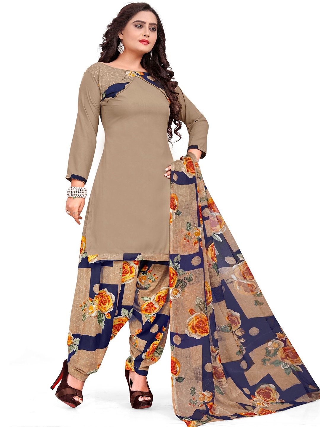 

MANVAA Printed Silk Crepe Unstitched Dress Material, Grey