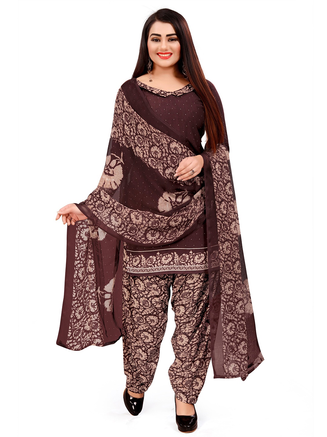 

MANVAA Ethnic Motifs Printed Unstitched Dress Material, Brown