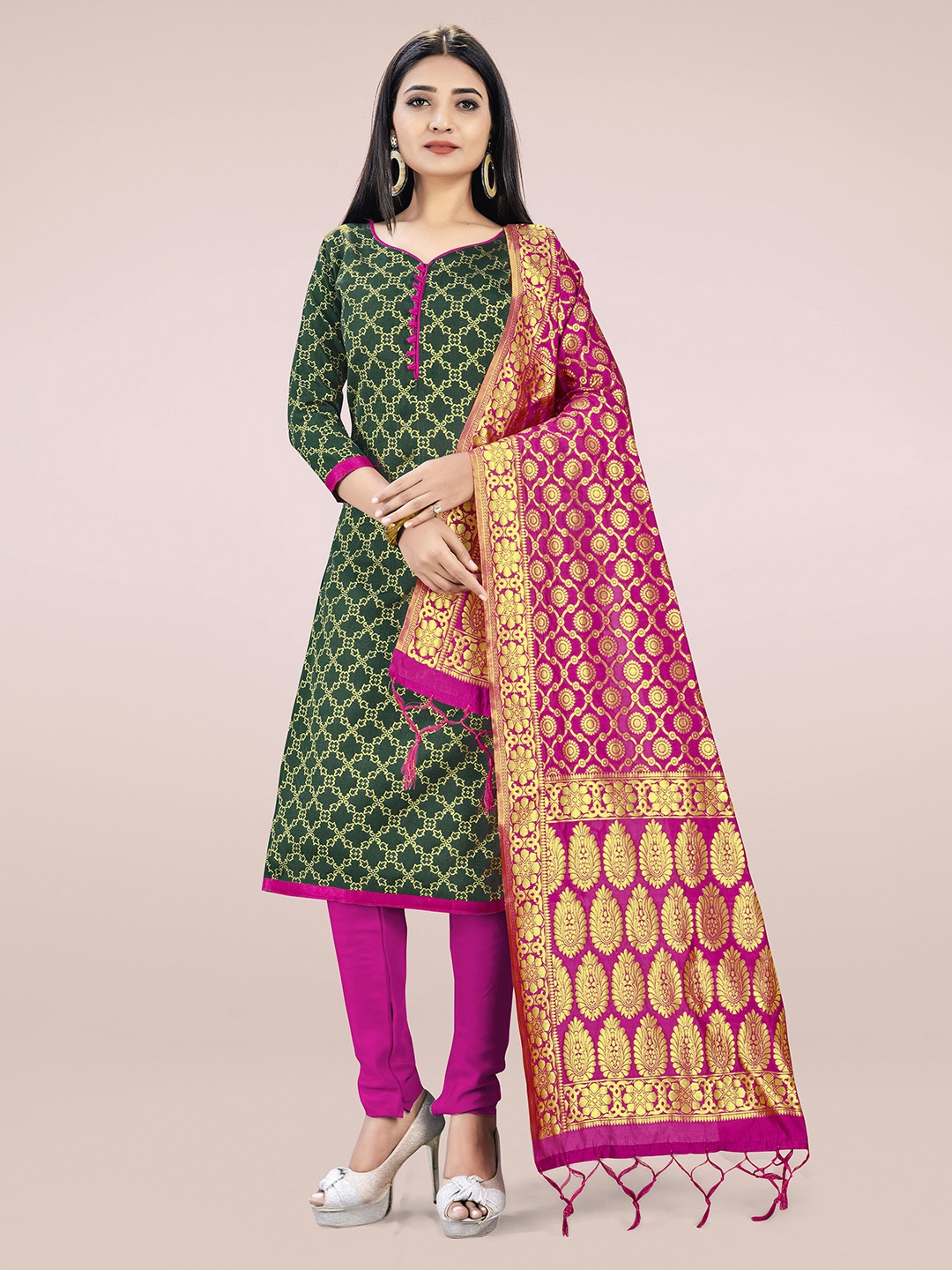 

MANVAA Ethnic Motifs Printed Unstitched Dress Material, Green