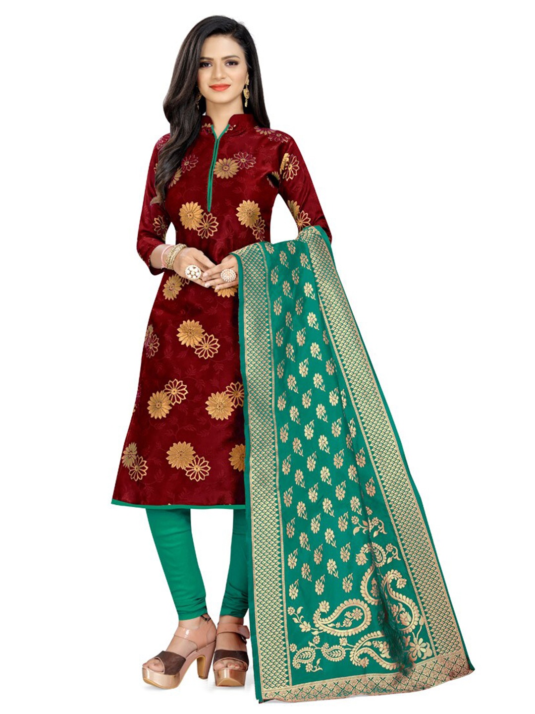 

MANVAA Floral Woven Design Unstitched Dress Material, Maroon