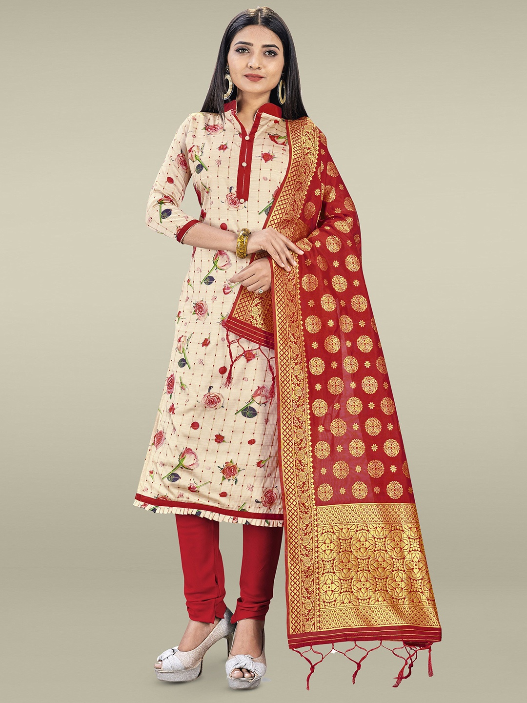 

MANVAA Floral Printed Unstitched Dress Material, Cream