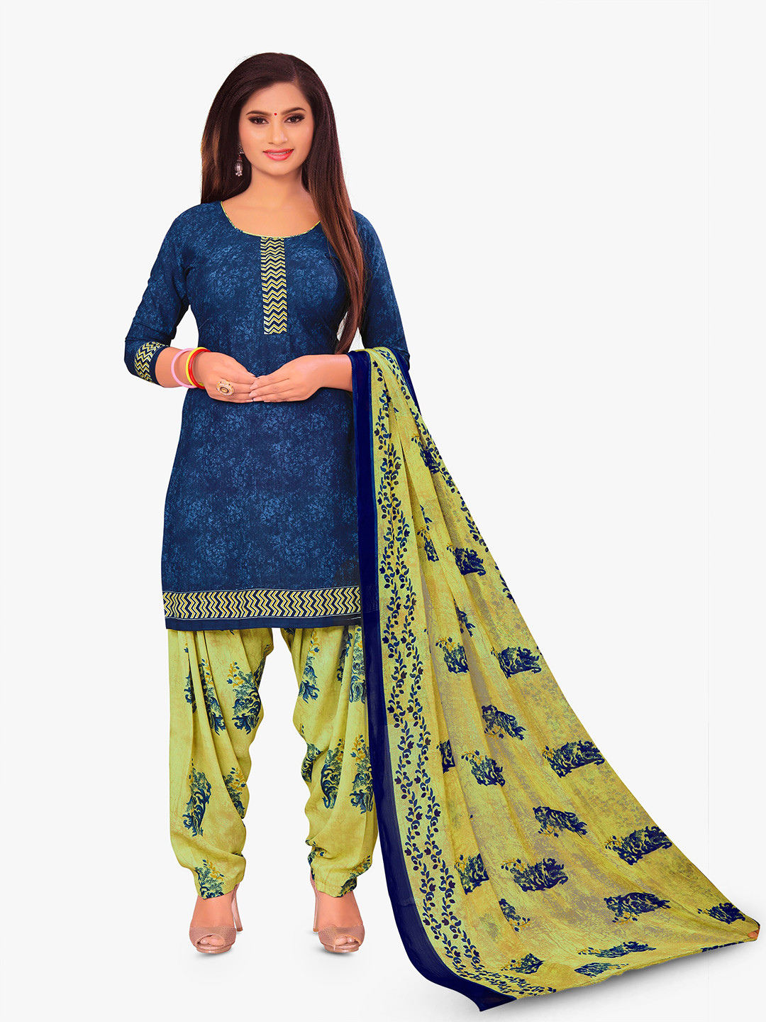 

MANVAA Floral Printed Silk Crepe Unstitched Dress Material, Blue