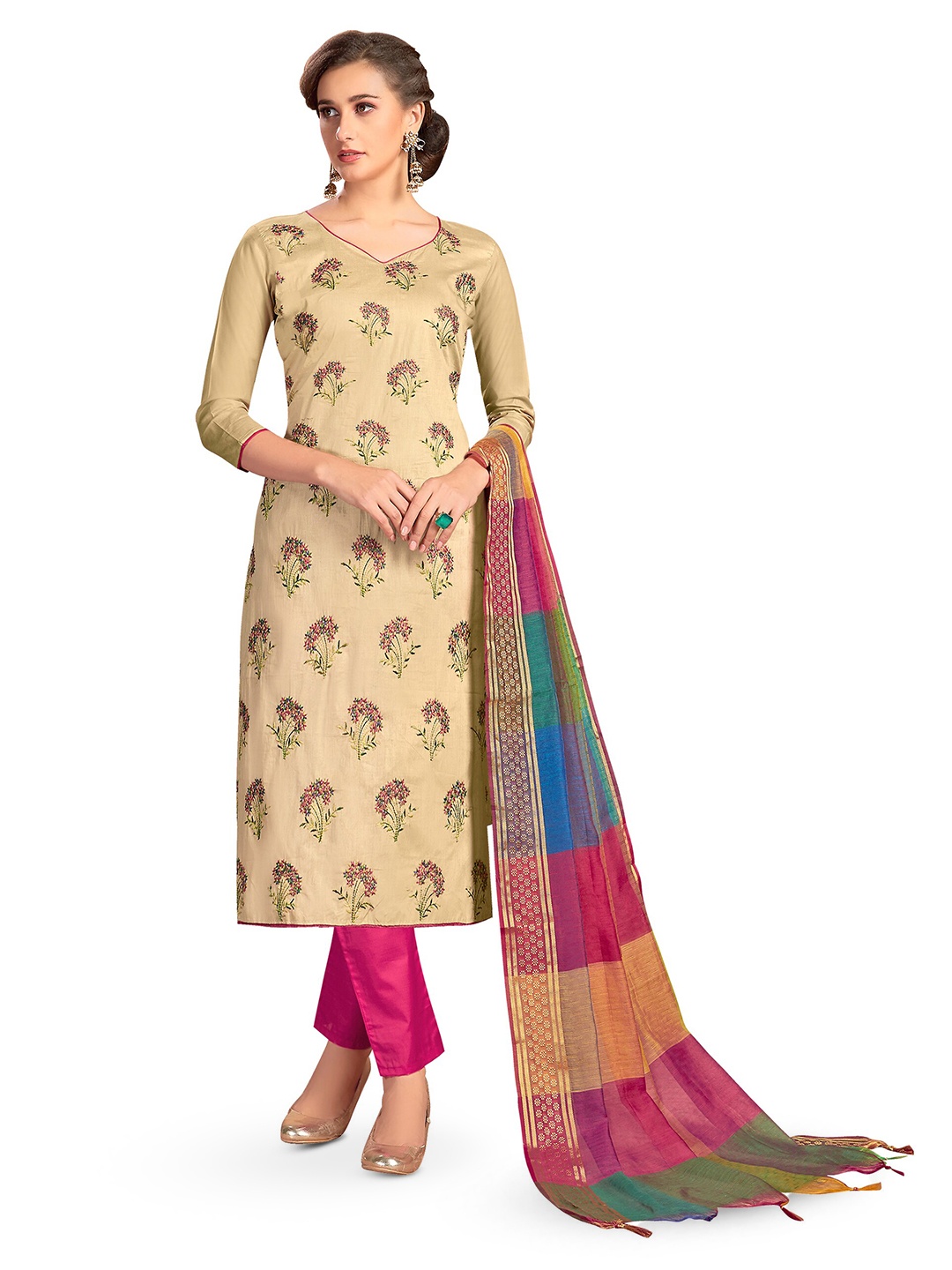 

MANVAA Floral Embroidered Unstitched Dress Material, Beige