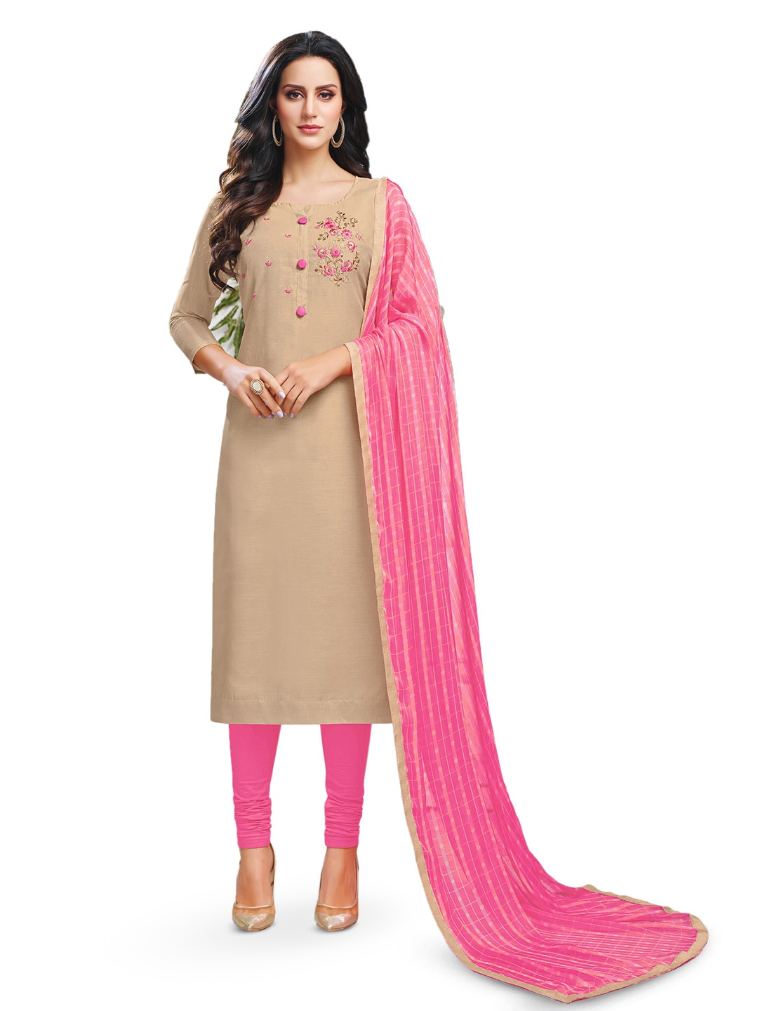 

MANVAA Floral Embroidered Unstitched Dress Material, Beige