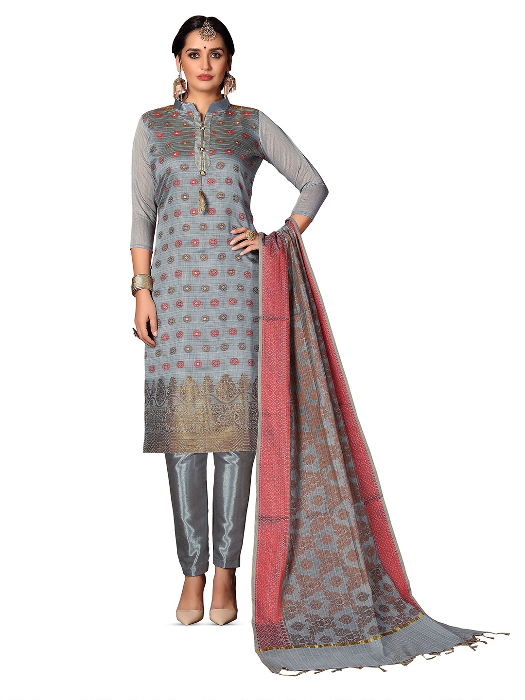 

MANVAA Ethnic Motifs Woven Design Unstitched Dress Material, Grey